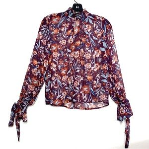 High Neck Transparent Tie Sleeve Burgundy Print Floral Blouse